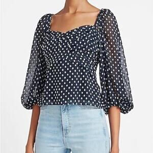 EXPRESS Navy Clip Dot Sweetheart Neckline Balloon Sleeve Blouse Top Sz S